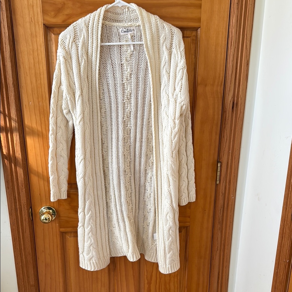 Cream Long Open-Front Cardigan Sweater